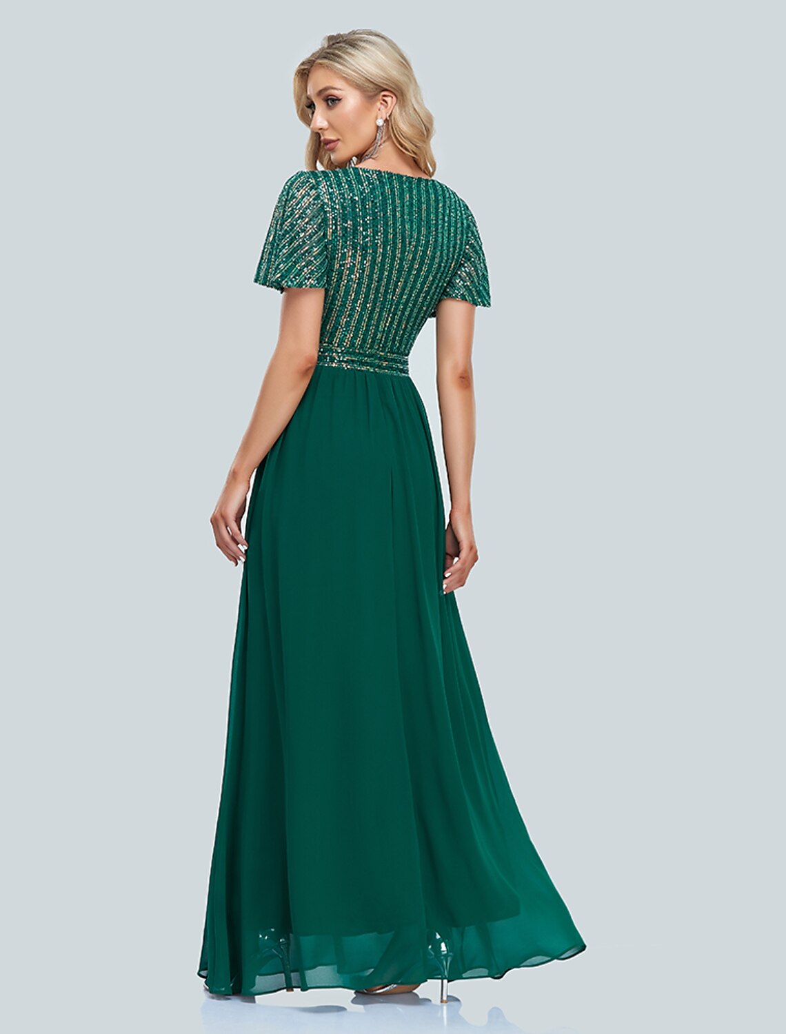 Abito da sera a sirena a trapezio, abito da sera scintillante e brillante, abito da ospite di nozze natalizio, lunghezza al pavimento, manica corta, scollo a V, paillettes